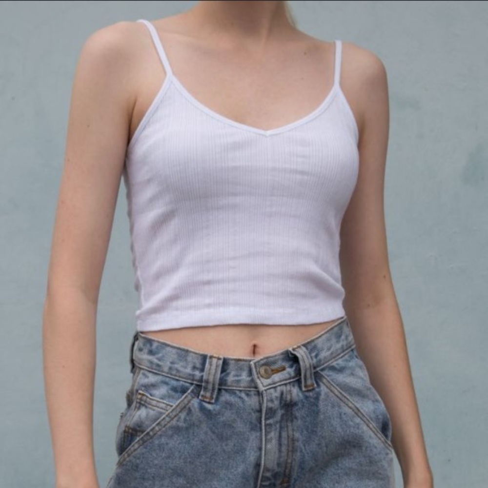Brandy Melville Lorene Tank - White Ribbed Crop Top w/ Spaghetti Straps & Vneck